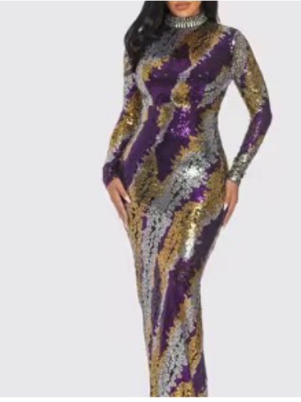 Sequin Long Sleeve Evening Gown - Metallic Multi